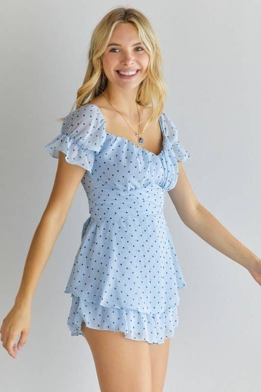 POLKA DOT OFF SHOULDER ROMPER: BLUE / L
