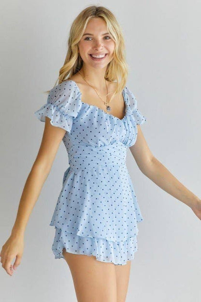 POLKA DOT OFF SHOULDER ROMPER: BLUE / L