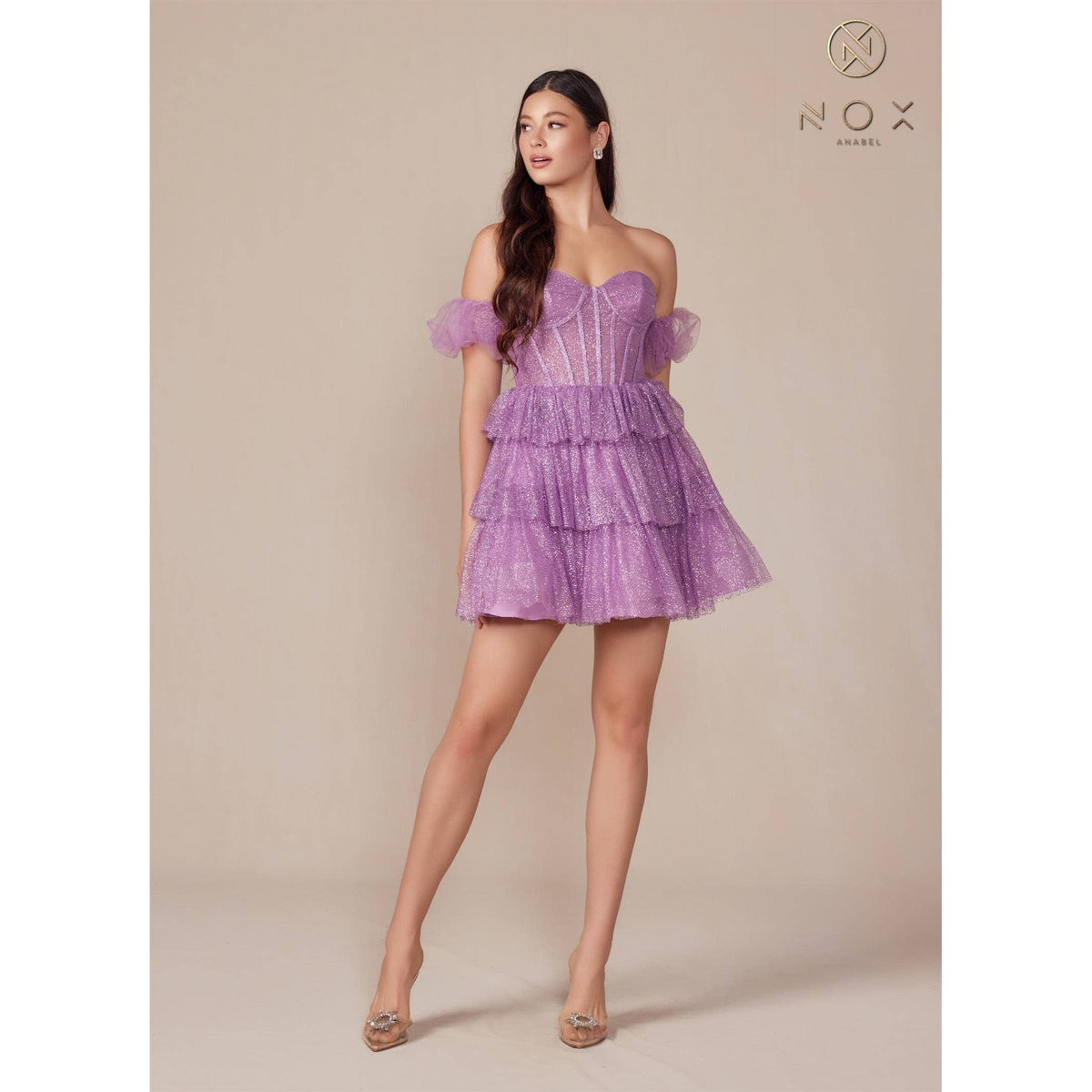 Glitter Sweetheart Neckline Short Dress Y860: DUSTY LAVENDER / 12