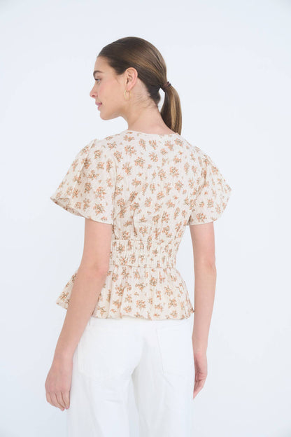 FLORAL CLIP DOT SPLIT NECK BELL SLEEVE TOP: DUSTY BLUE MULTI