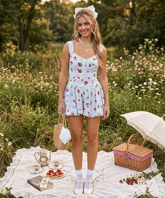Cherry Gingham Bubble Romper: Blue/Red / L