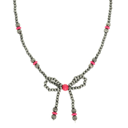 Western Marbled Pearl Bead Long Tail Bow Necklace: Ivory