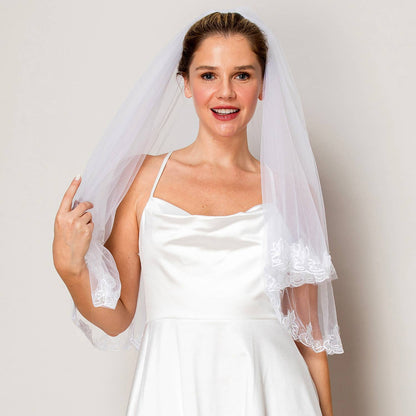 2 Layer Floral Sequins Lace Edge Waist Length Wedding Veil