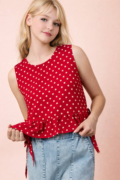NT12128-Side Tie Detail Ruffled Top: RED DOT / S-M-L/2-2-2