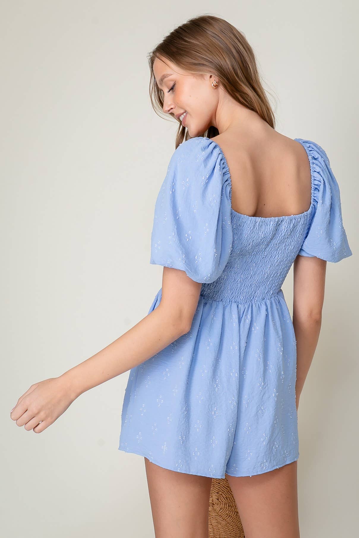 Bubble Sleeve Romper: Blue / M