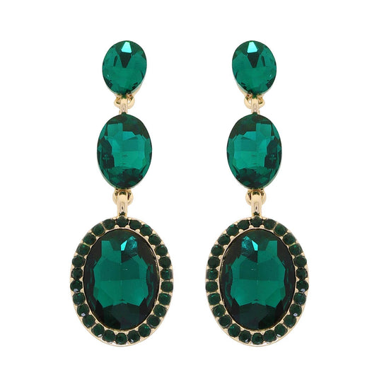 3 Tiered Oval Cut Rhinestone Crystal Dangle Earrings: Green