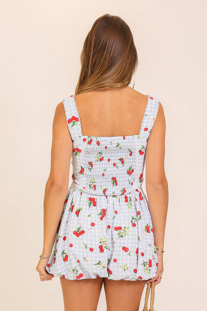 Cherry Gingham Bubble Romper: Blue/Red / L