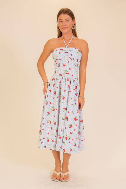 Cherry Picnic Gingham Midi Dress: Blue/Red / M