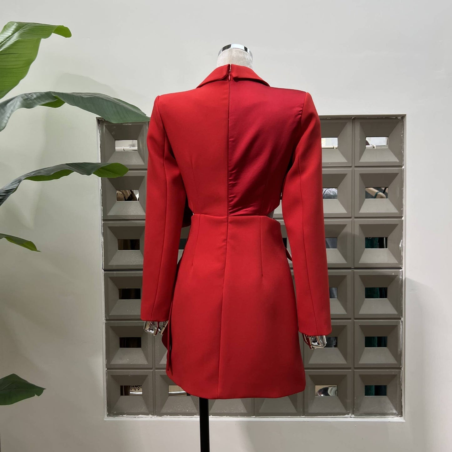 BL5-6 Asymmetrical Blazer Dress with Bow and Waist Cut-Out: Red / English / S