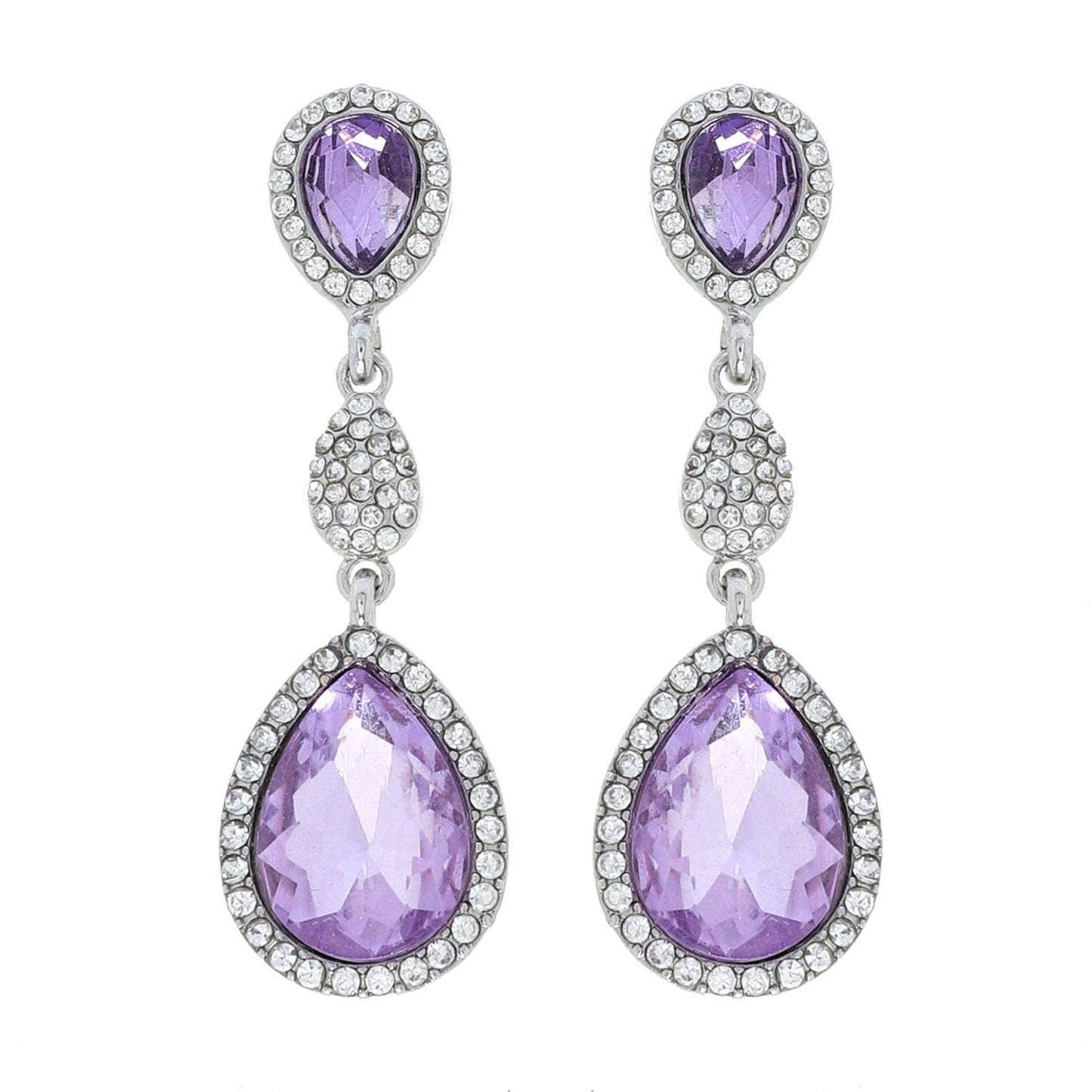 3 Tiered Teardrop Rhinestone Crystal & Pave Dangle Earrings: Lavender