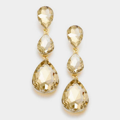 Triple Glass Crystal Teardrop Evening Earrings: Pink&Green
