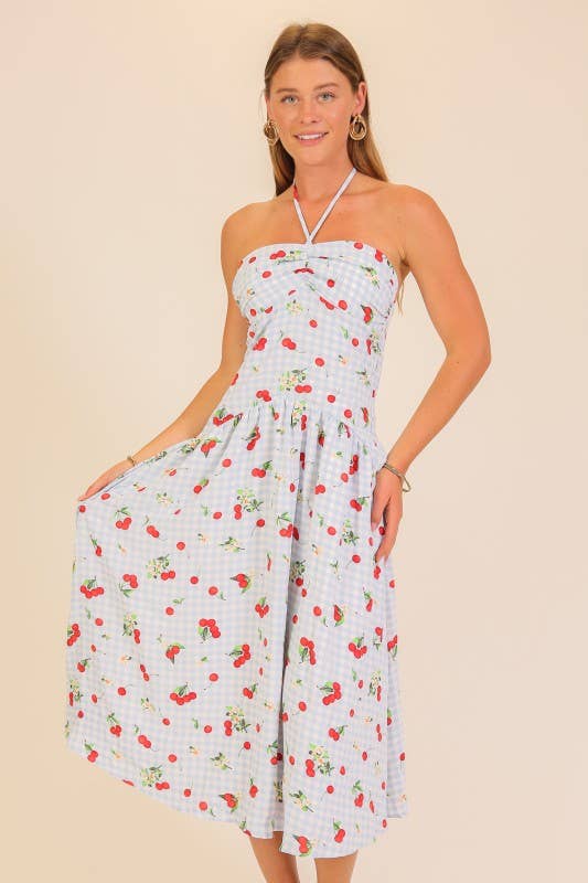 Cherry Picnic Gingham Midi Dress: Blue/Red / M