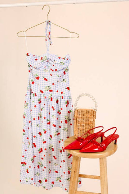 Cherry Picnic Gingham Midi Dress: Blue/Red / M