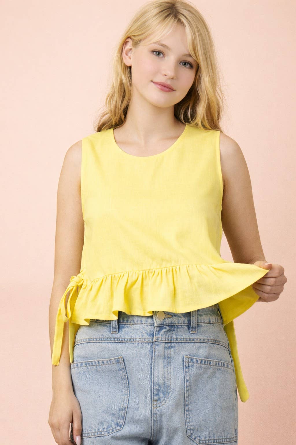 NT12128-Side Tie Detail Ruffled Top: RED DOT / S-M-L/2-2-2