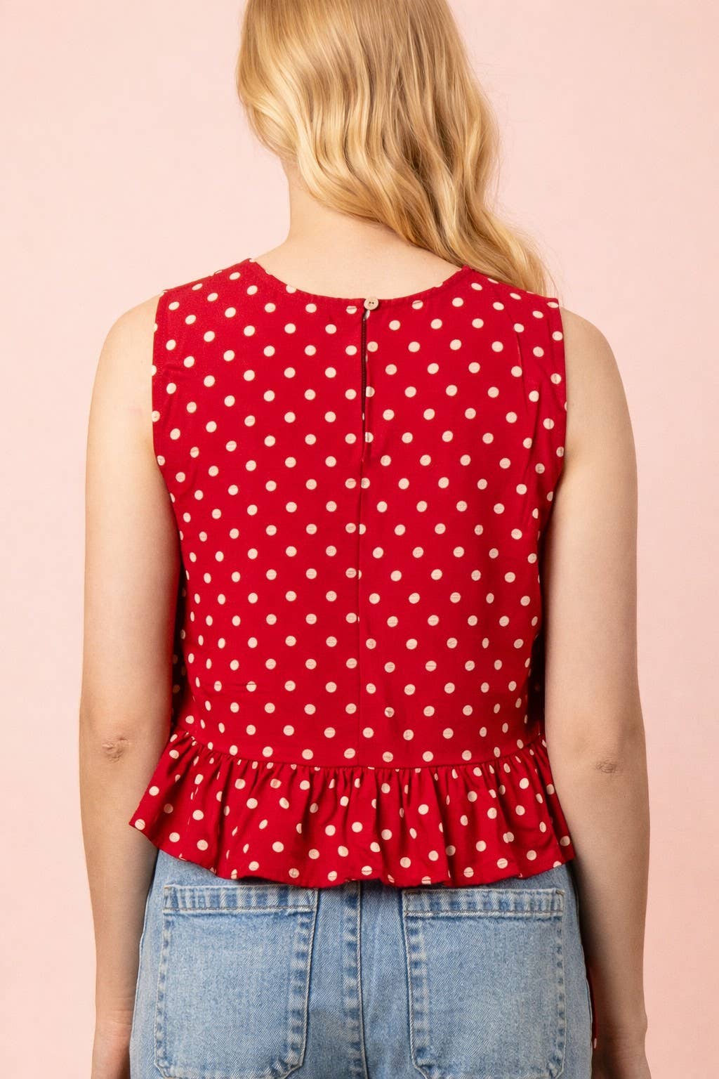 NT12128-Side Tie Detail Ruffled Top: RED DOT / S-M-L/2-2-2