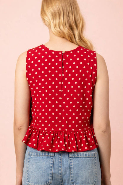 NT12128-Side Tie Detail Ruffled Top: RED DOT / S-M-L/2-2-2