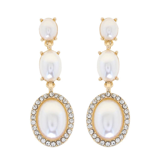 3 Tiered Oval Cut Rhinestone Crystal Dangle Earrings: Gold Cream