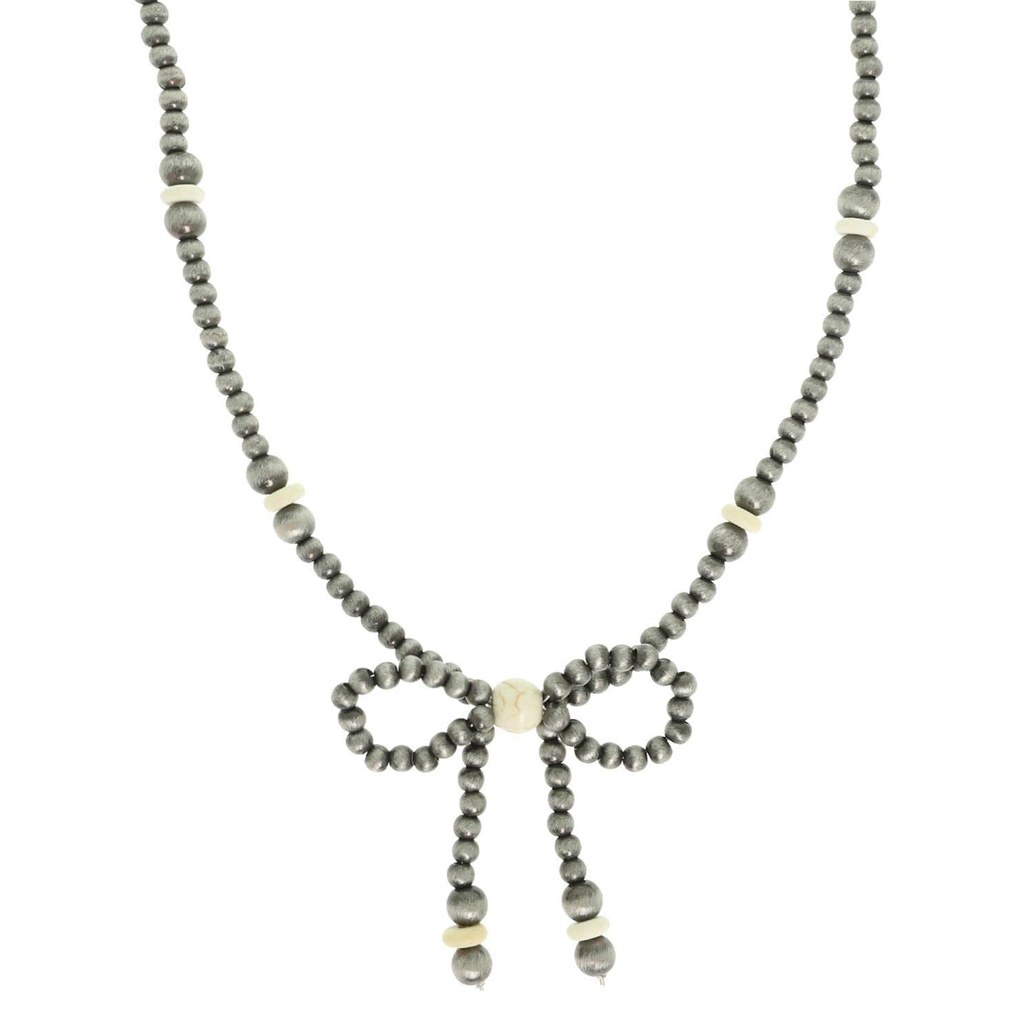 Western Marbled Pearl Bead Long Tail Bow Necklace: Ivory