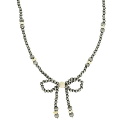 Western Marbled Pearl Bead Long Tail Bow Necklace: Ivory
