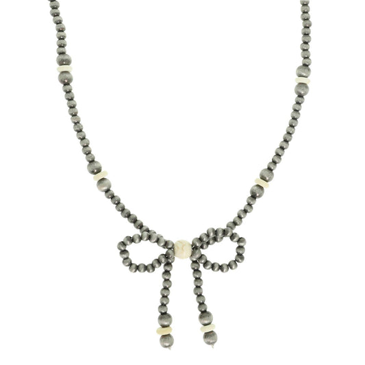Western Marbled Pearl Bead Long Tail Bow Necklace: Ivory