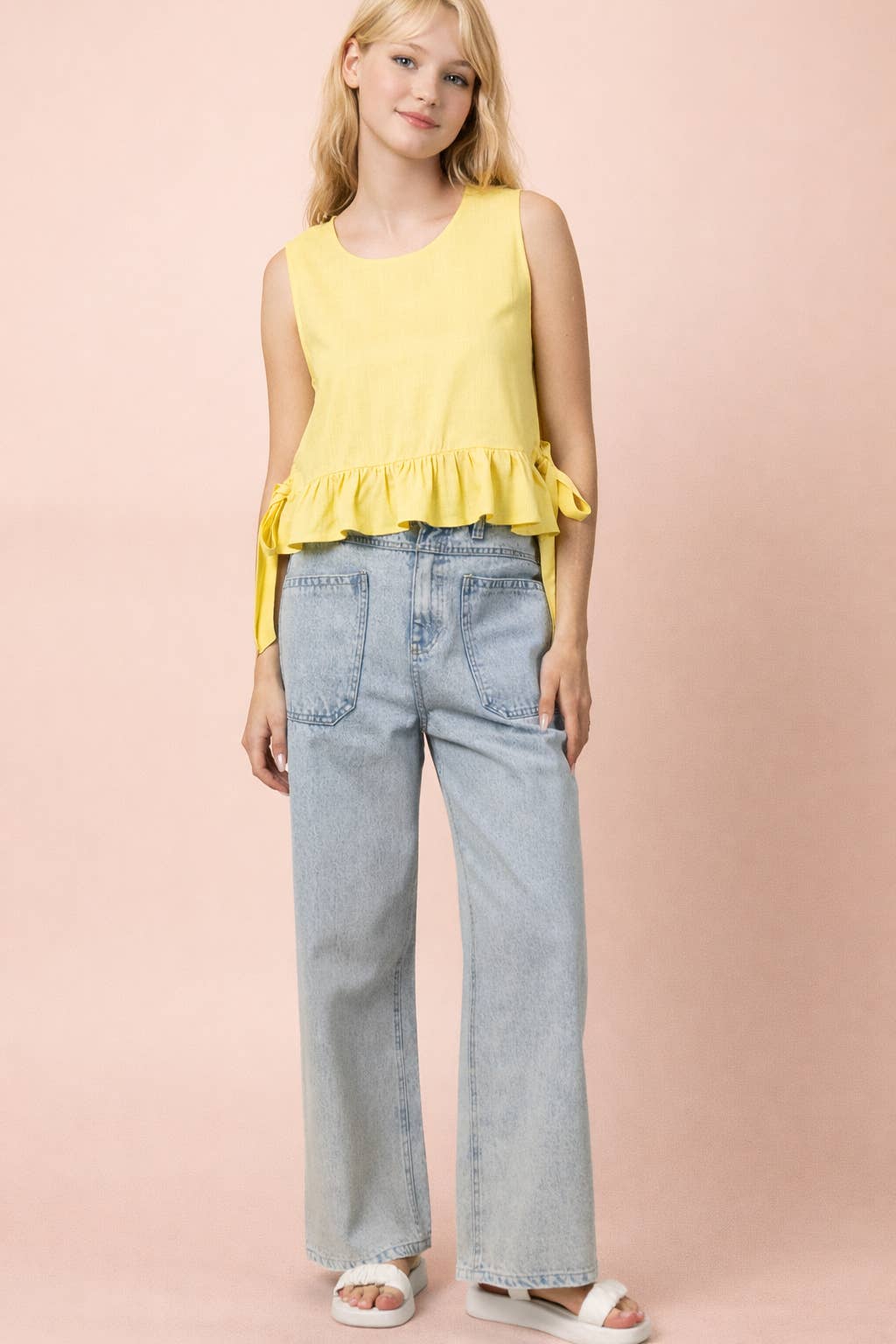 NT12128-Side Tie Detail Ruffled Top: RED DOT / S-M-L/2-2-2