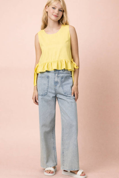 NT12128-Side Tie Detail Ruffled Top: RED DOT / S-M-L/2-2-2