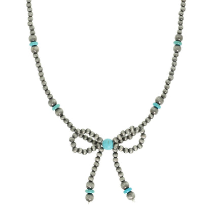 Western Marbled Pearl Bead Long Tail Bow Necklace: Ivory