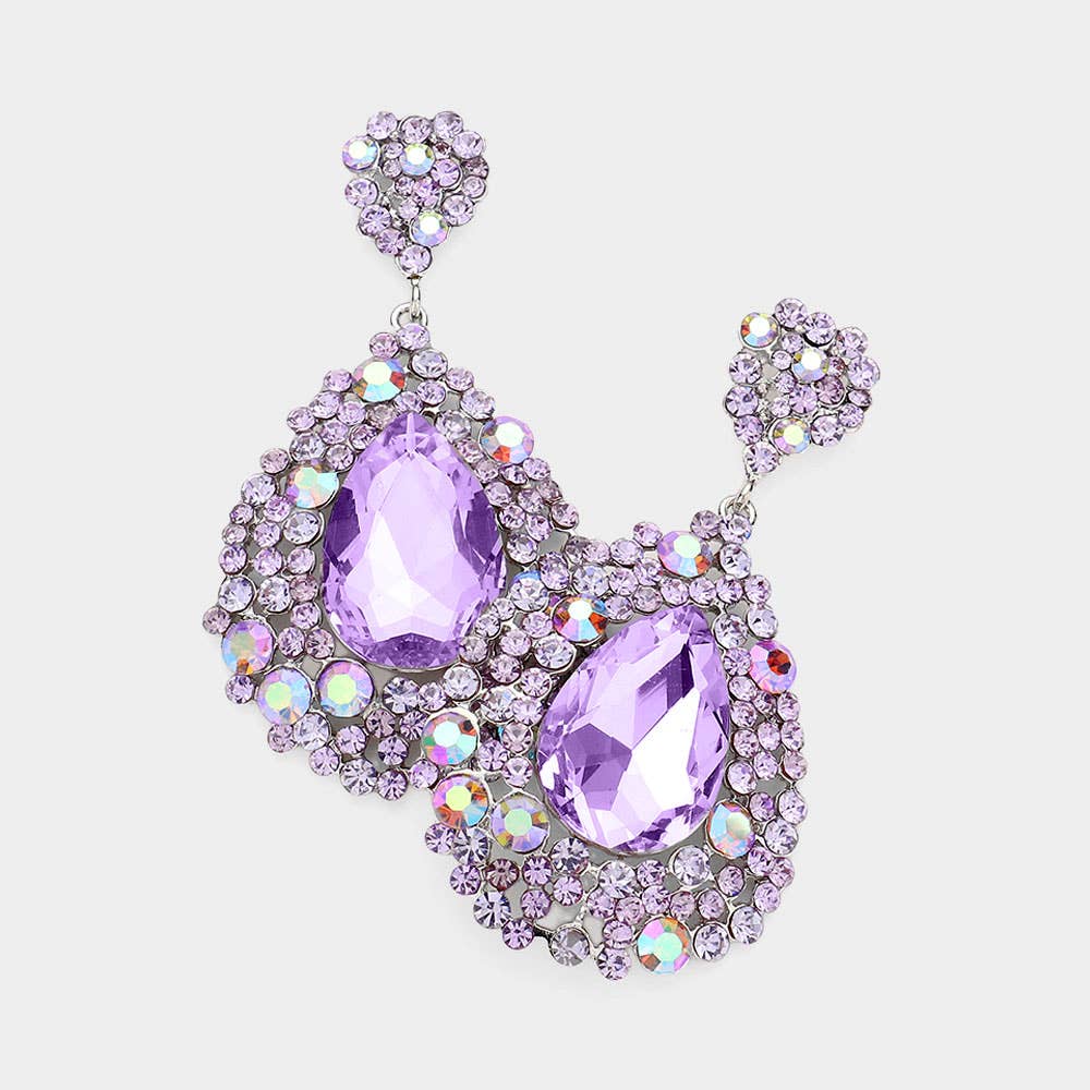 Teardrop Rhinestone Embellished Dangle Evening Earrings: Aqua Silver