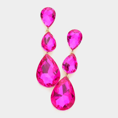 Triple Glass Crystal Teardrop Evening Earrings: Pink&Green