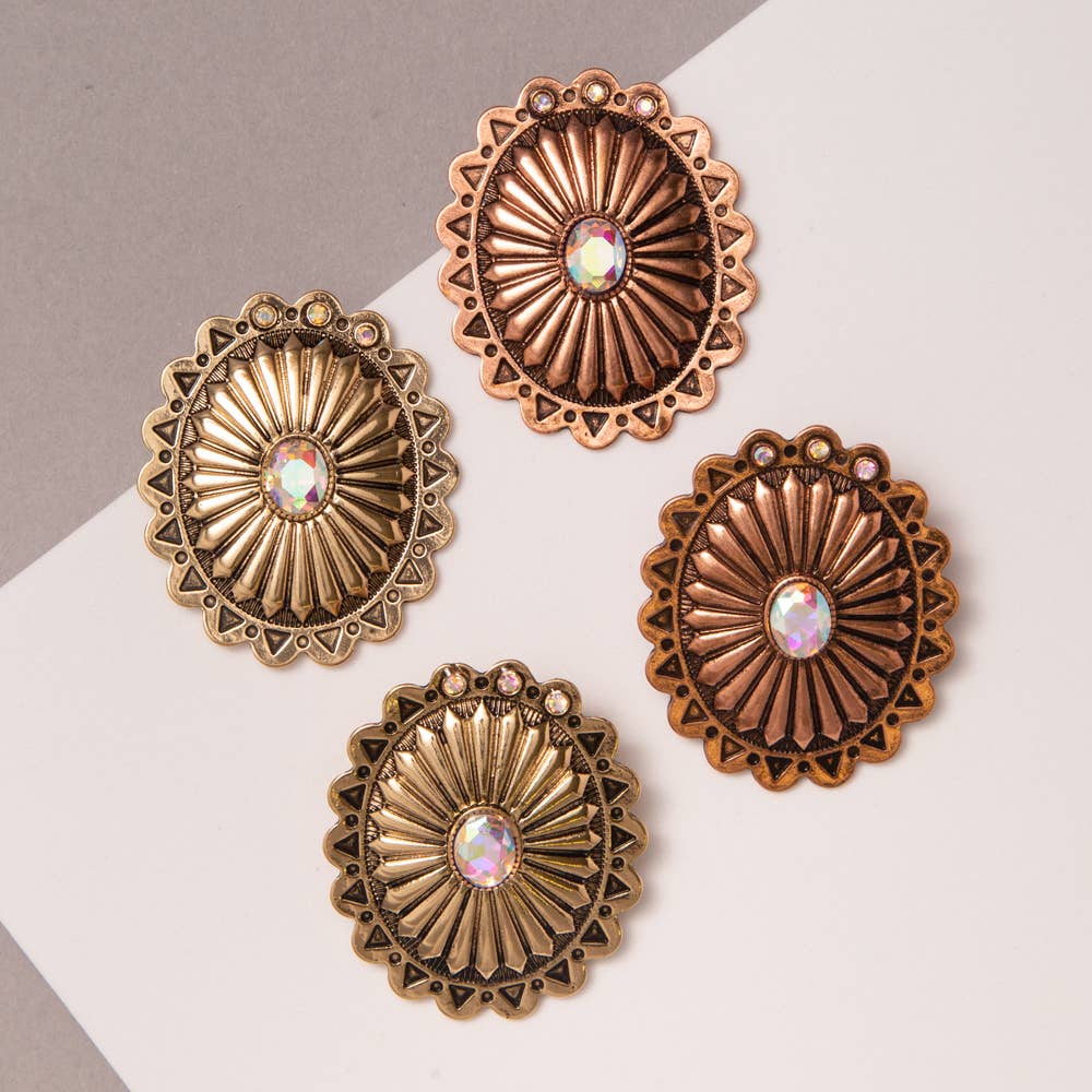 Western Concho Stone Oval Earrings: Silver