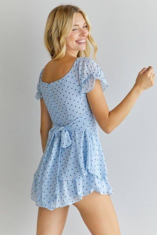 POLKA DOT OFF SHOULDER ROMPER: BLUE / L