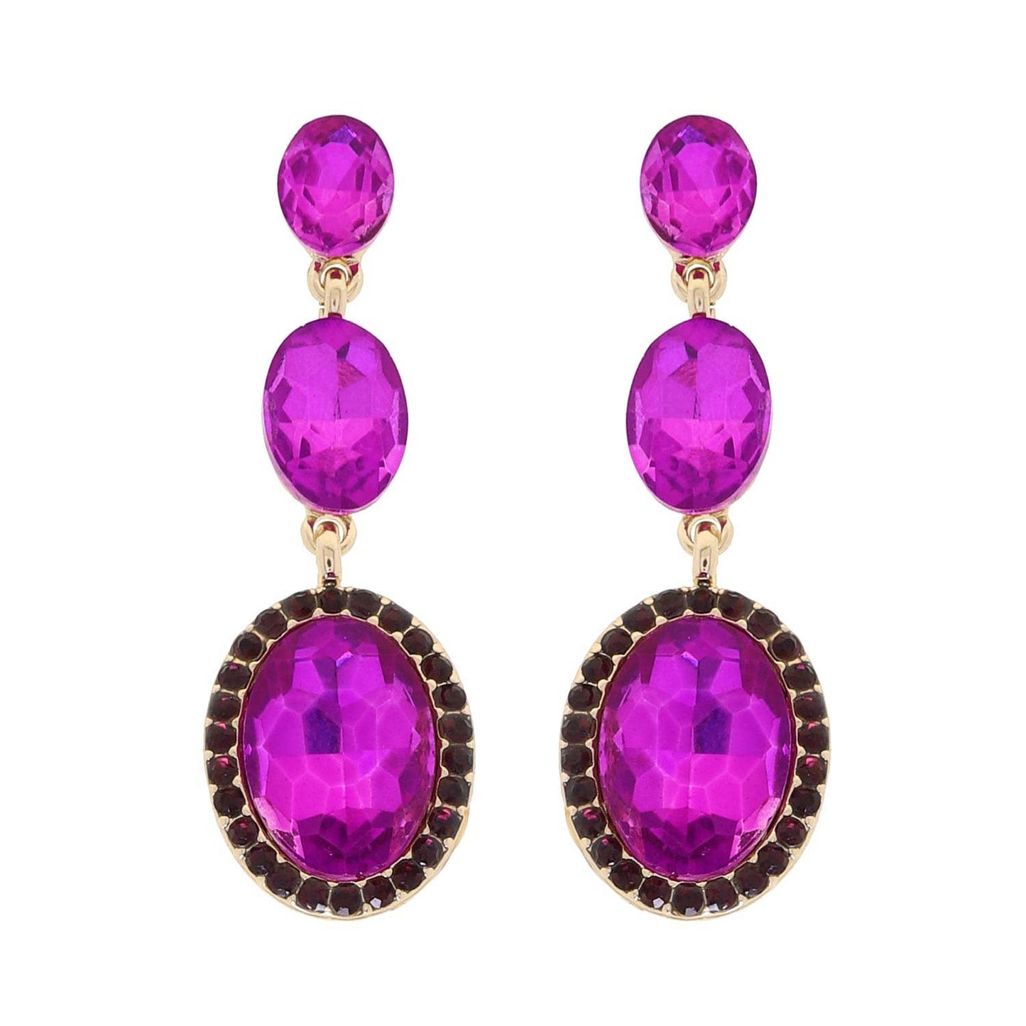 3 Tiered Oval Cut Rhinestone Crystal Dangle Earrings: Purple