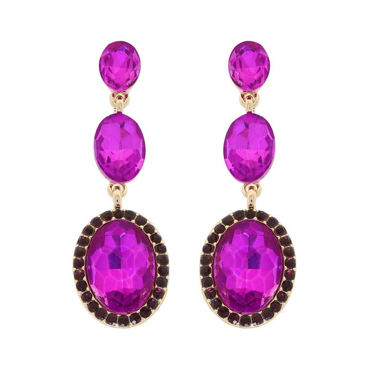 3 Tiered Oval Cut Rhinestone Crystal Dangle Earrings: Purple