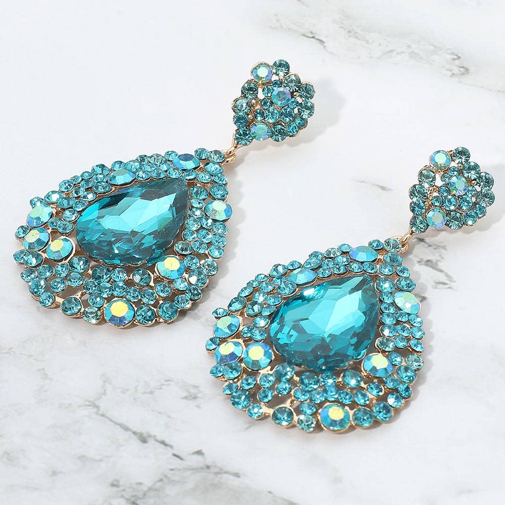 Teardrop Rhinestone Embellished Dangle Evening Earrings: EMERALD