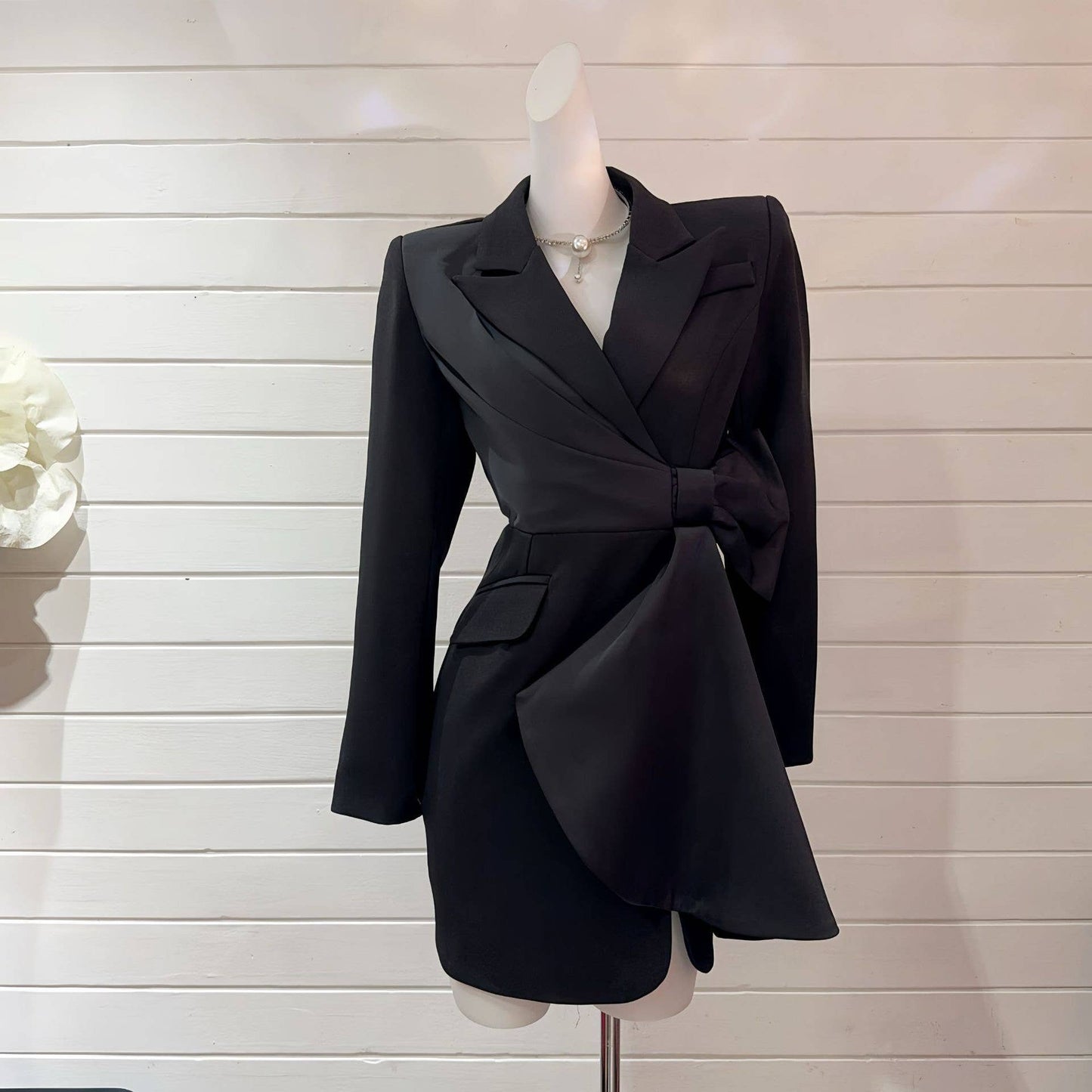 BL5-6 Asymmetrical Blazer Dress with Bow and Waist Cut-Out: Red / English / S