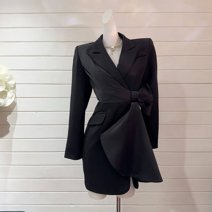 BL5-6 Asymmetrical Blazer Dress with Bow and Waist Cut-Out: Red / English / S