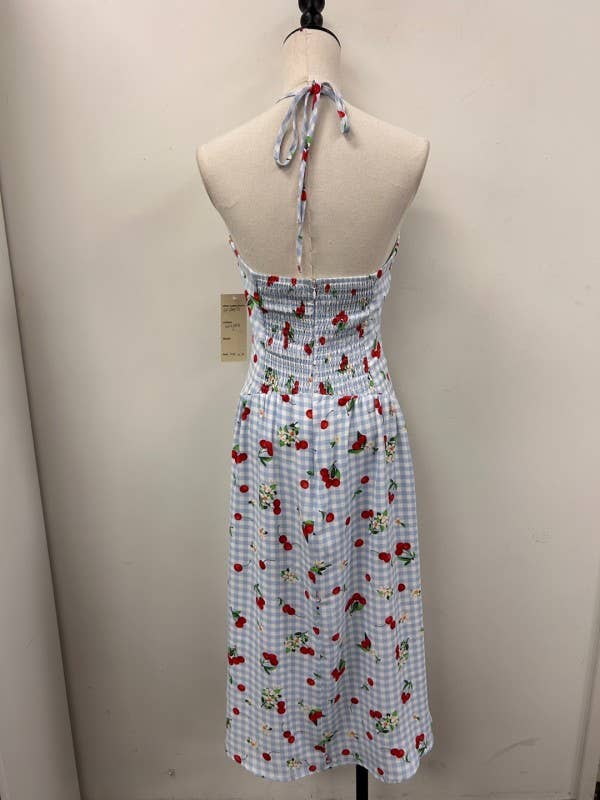 Cherry Picnic Gingham Midi Dress: Blue/Red / M