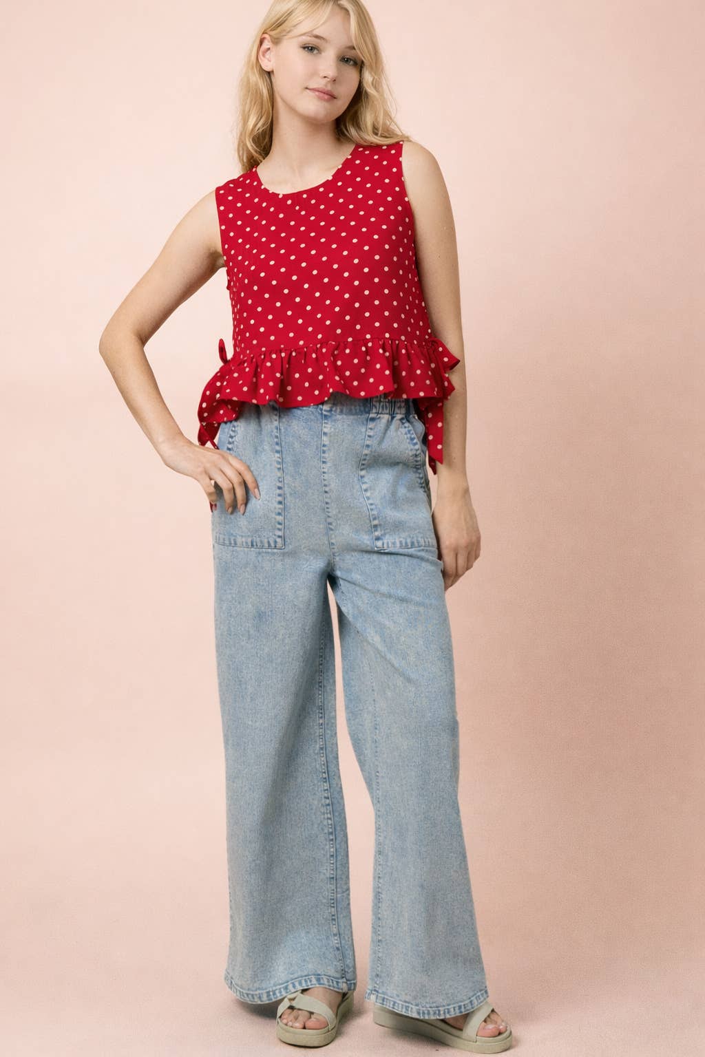 NT12128-Side Tie Detail Ruffled Top: RED DOT / S-M-L/2-2-2