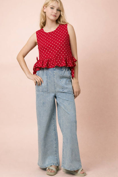 NT12128-Side Tie Detail Ruffled Top: RED DOT / S-M-L/2-2-2