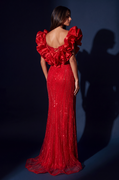 Formal Beaded Sequined Puff Sleeve Evening Dress: Red / 6