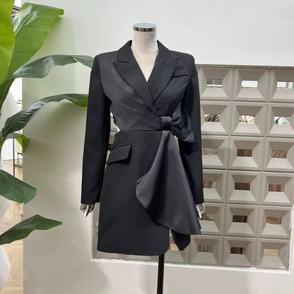 BL5-6 Asymmetrical Blazer Dress with Bow and Waist Cut-Out: Red / English / S