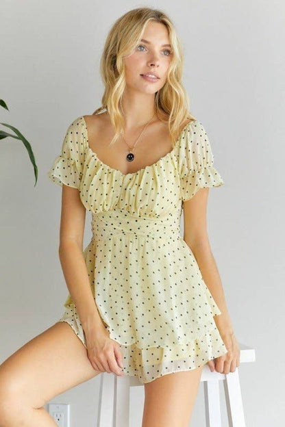 POLKA DOT OFF SHOULDER ROMPER: BLUE / L