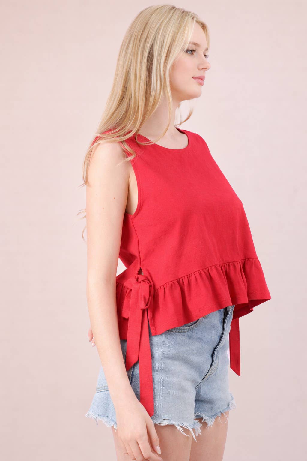 NT12128-Side Tie Detail Ruffled Top: RED DOT / S-M-L/2-2-2