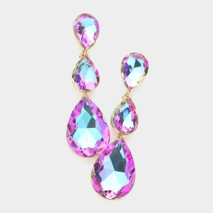 Triple Glass Crystal Teardrop Evening Earrings: AB Gold