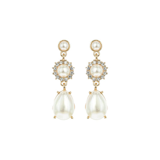 3 Tier Floral & Teardrop Rhinestone Crystal Dangle Earrings: Cream