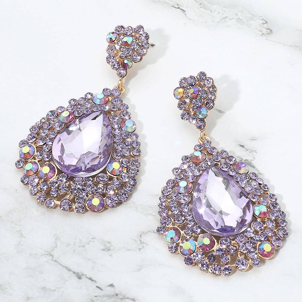 Teardrop Rhinestone Embellished Dangle Evening Earrings: Purple