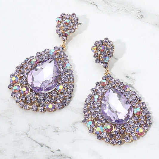 Teardrop Rhinestone Embellished Dangle Evening Earrings: Purple