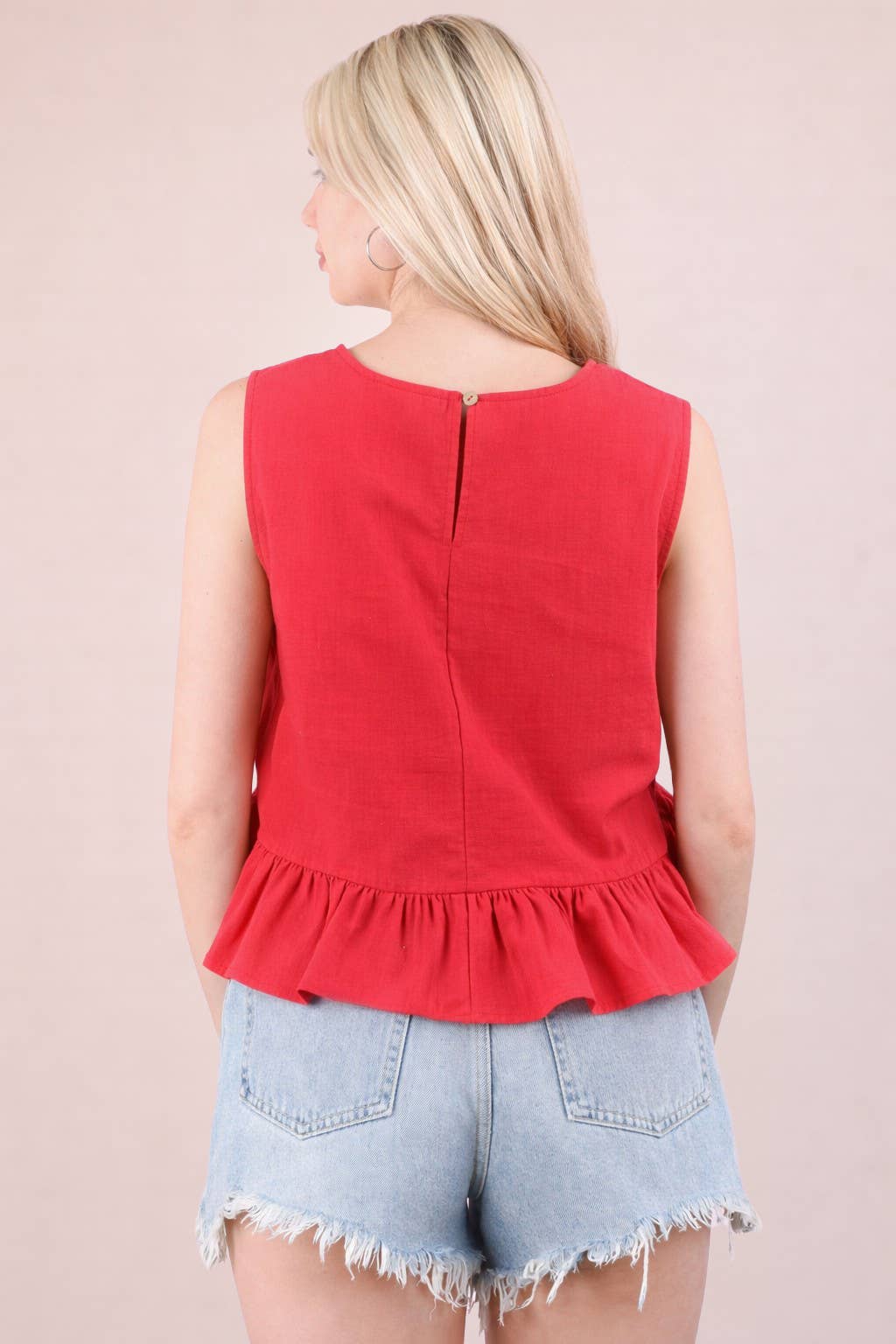 NT12128-Side Tie Detail Ruffled Top: RED DOT / S-M-L/2-2-2