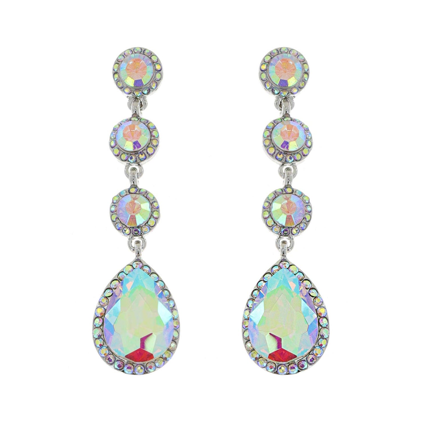 4 Tier Rhinestone Teardrop & Circle Crystals Dangle Earrings: Iridescent