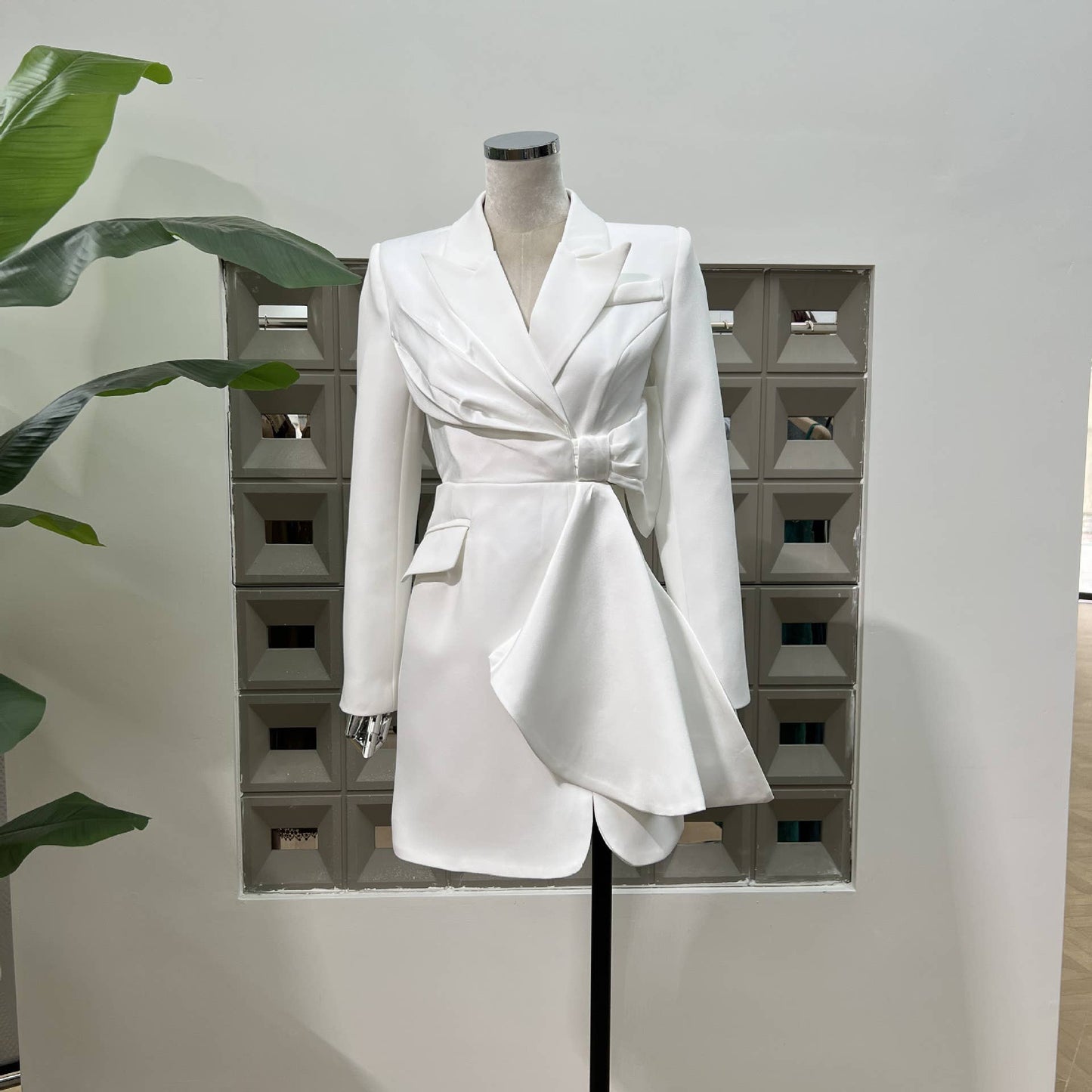 BL5-6 Asymmetrical Blazer Dress with Bow and Waist Cut-Out: Red / English / S